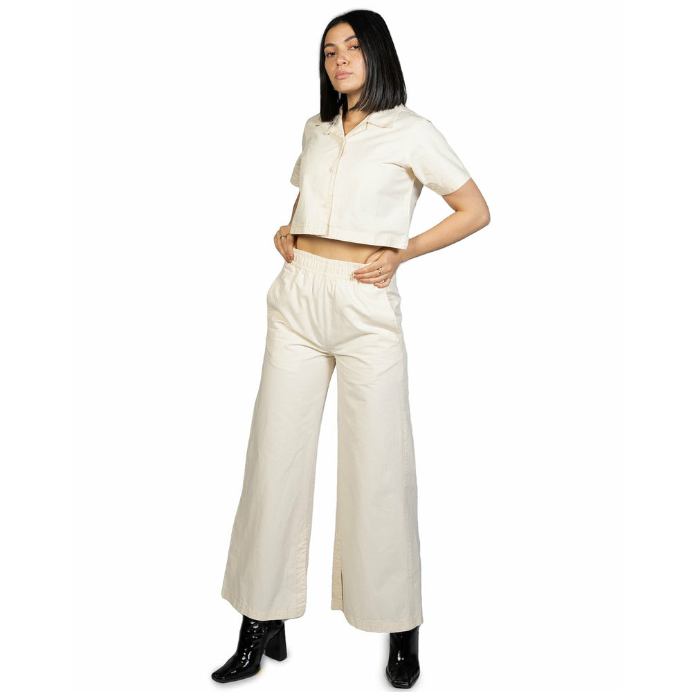 Cropped Camp Collar Pearled Ivory Shirt