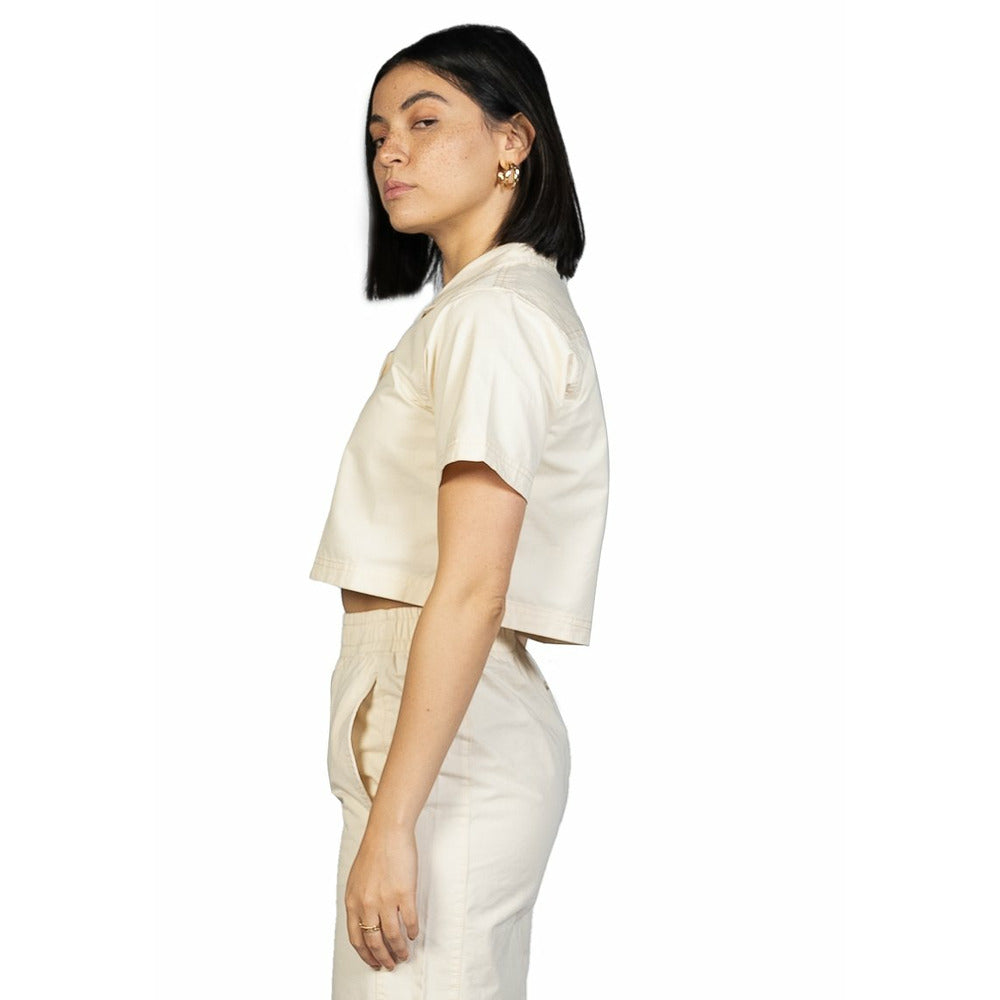 Cropped Camp Collar Pearled Ivory Shirt