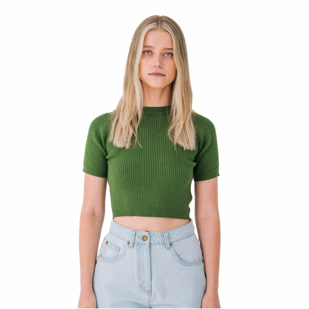 Ribbed Short Sleeve Top in Garden Green
