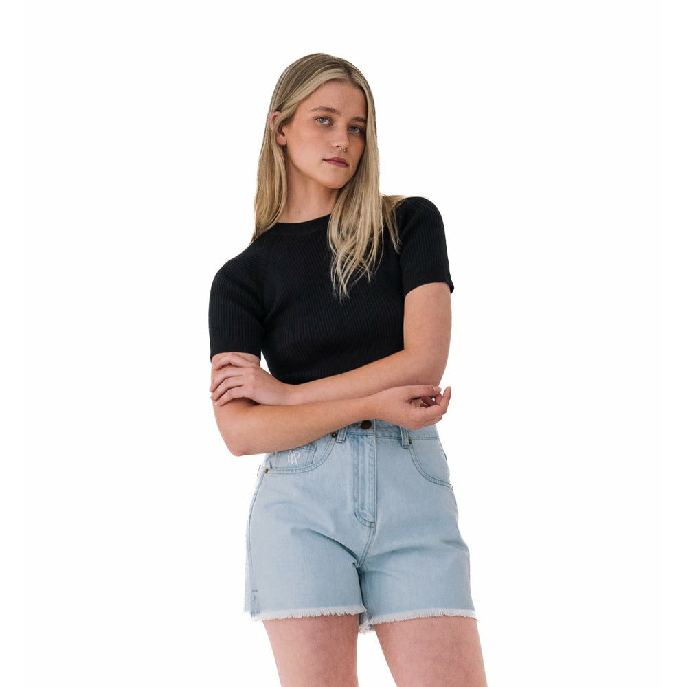 Ribbed Short Sleeve Top in Black