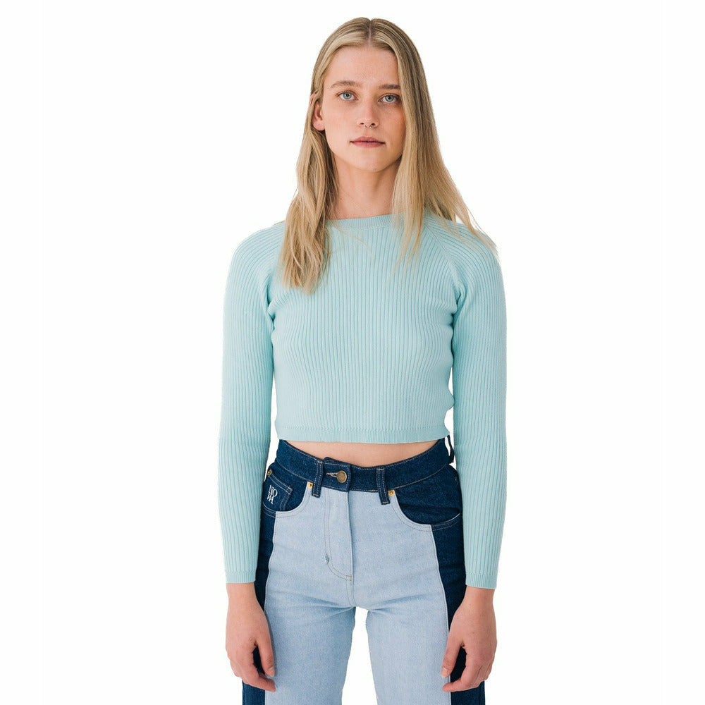 Ribbed Long Sleeve Top in Pastel Turquoise