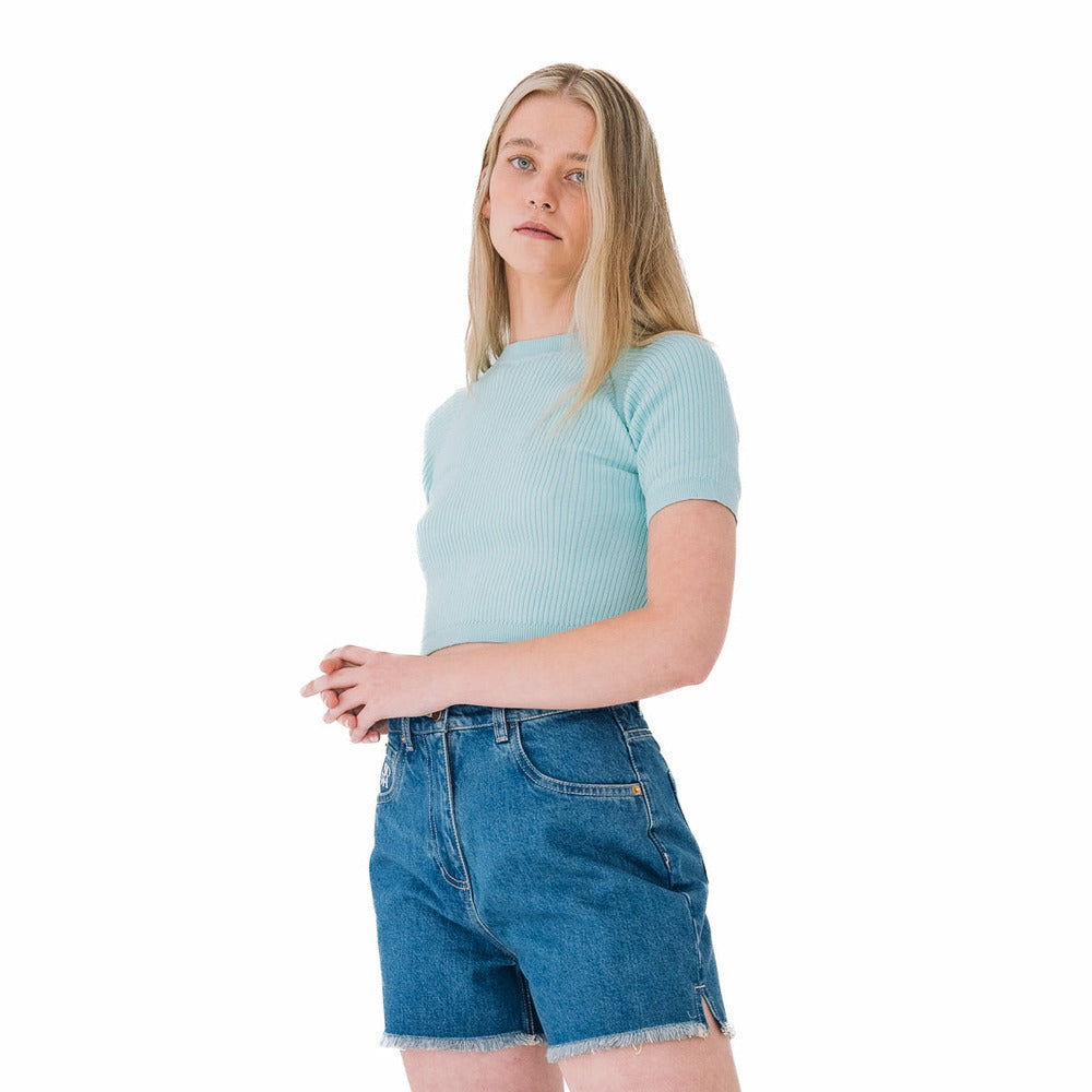 Ribbed Short Sleeve Top in Pastel Turquoise