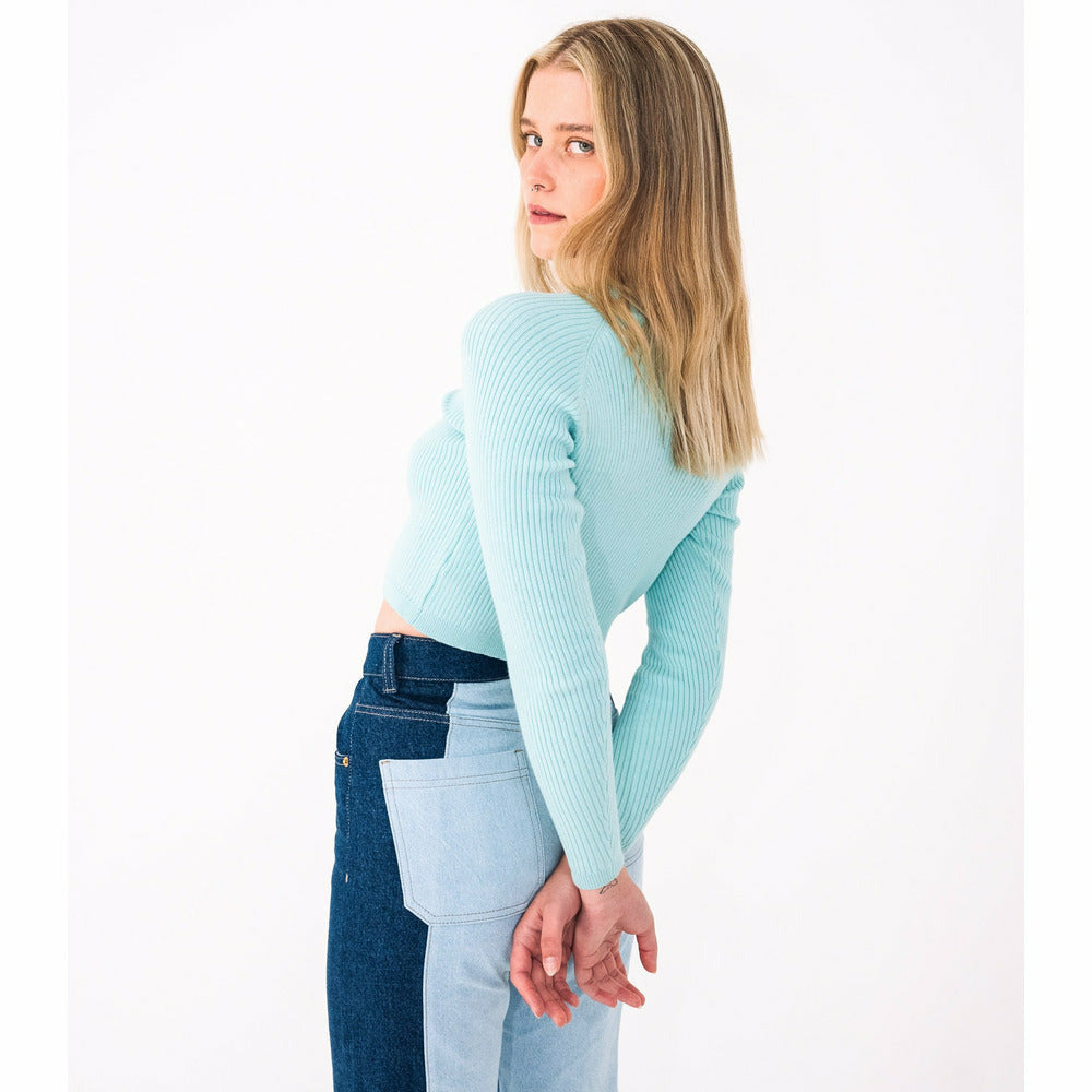 Ribbed Long Sleeve Top in Pastel Turquoise