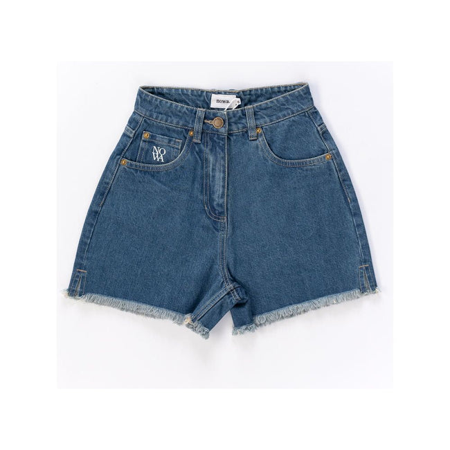 Denim Shorts with Frayed Edges in Mid Blue