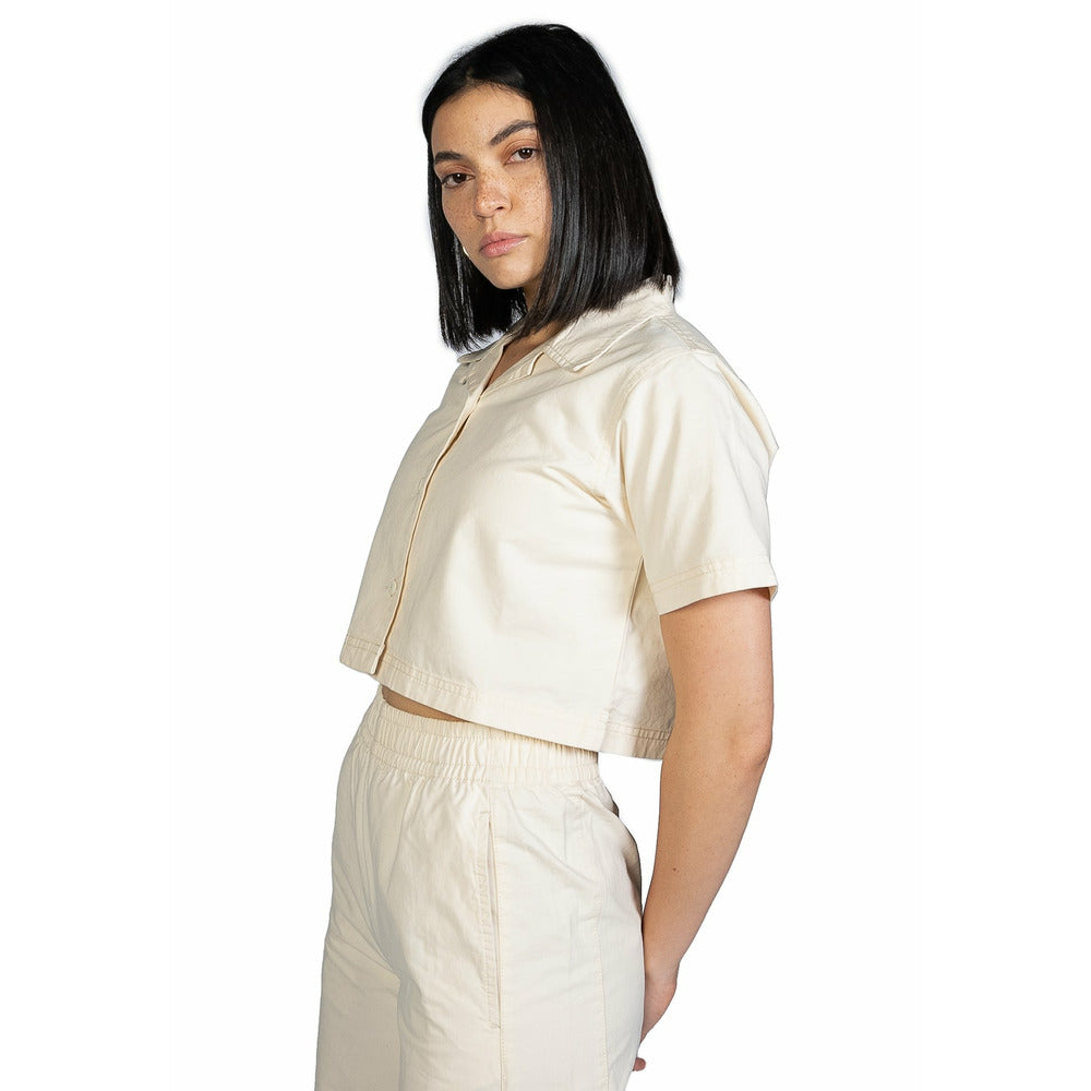 Cropped Camp Collar Pearled Ivory Shirt