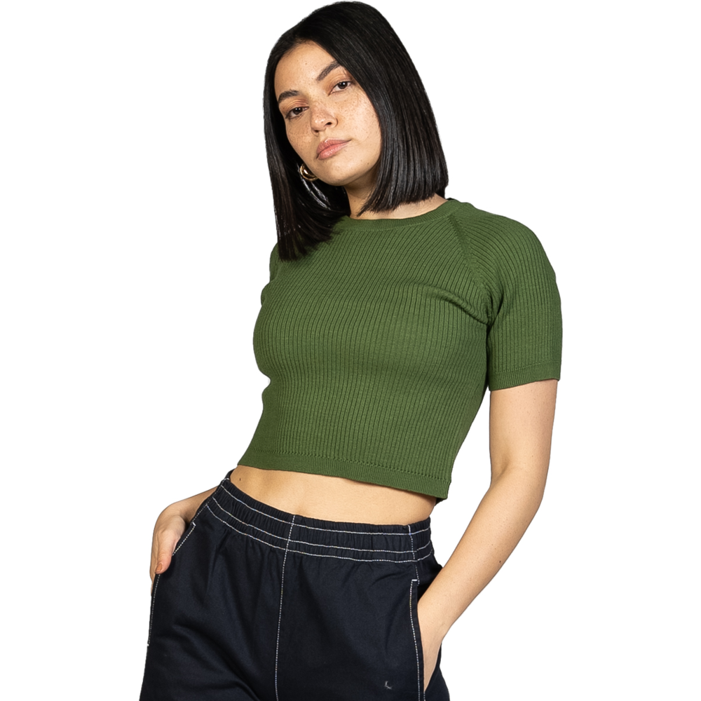 Ribbed Short Sleeve Top in Garden Green