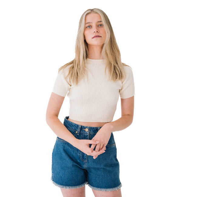 Ribbed Short Sleeve Top in Pearled Ivory