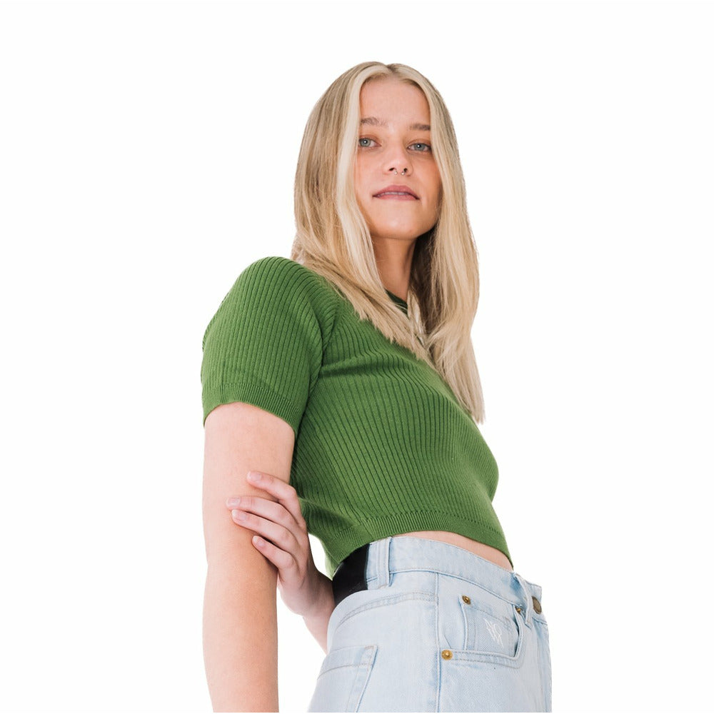 Ribbed Short Sleeve Top in Garden Green