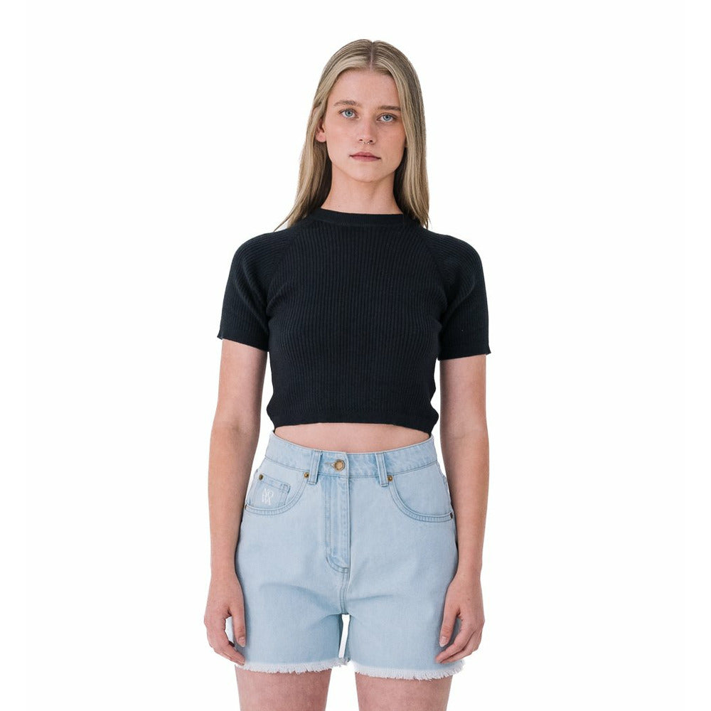 Ribbed Short Sleeve Top in Black