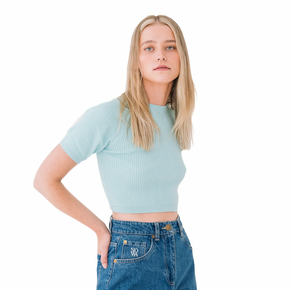 Ribbed Short Sleeve Top in Pastel Turquoise
