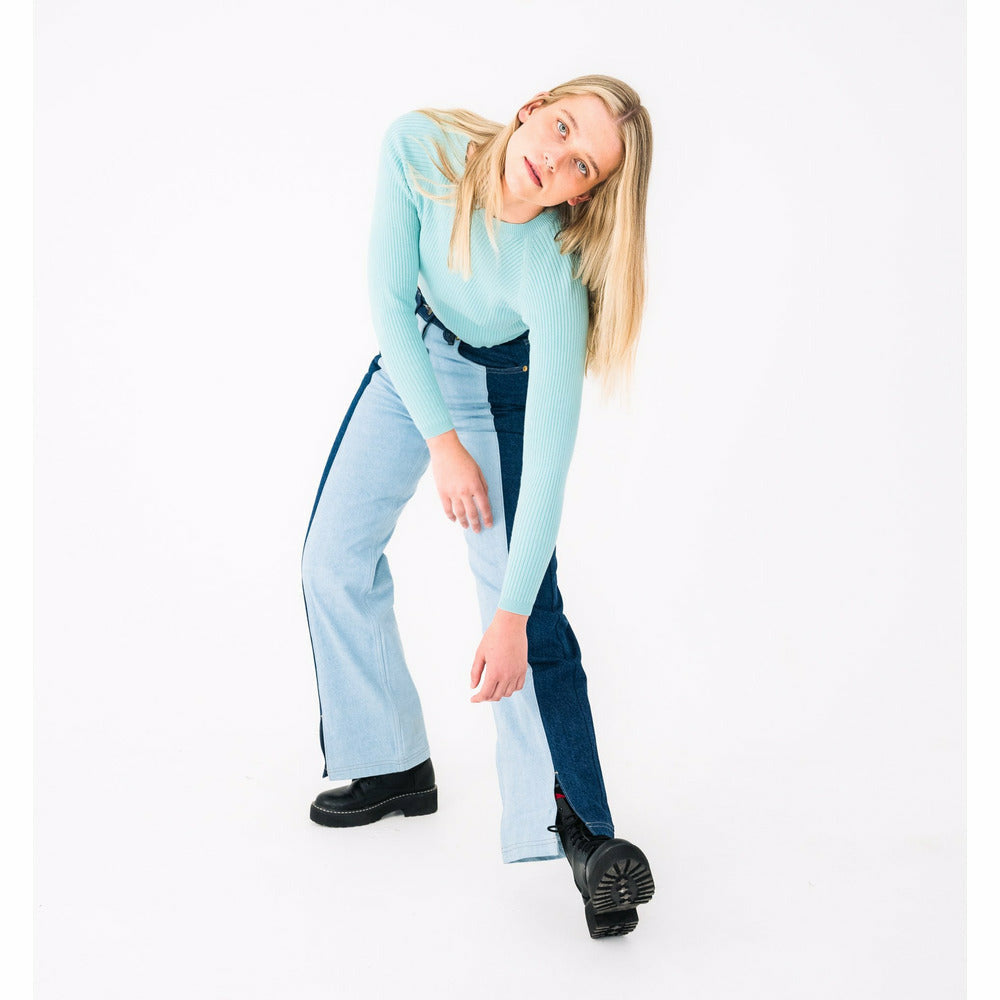 Ribbed Long Sleeve Top in Pastel Turquoise